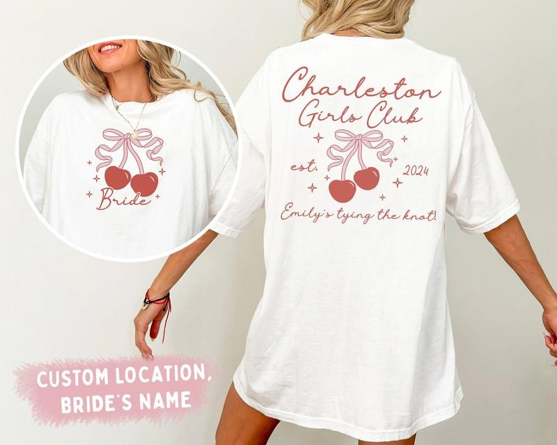 Bachelorette Party Shirts Custom Location Girl Club Shirt Charleston Bachelorette Coquette Bow Custom Bride Shirt Bridal Party Gift 2024
