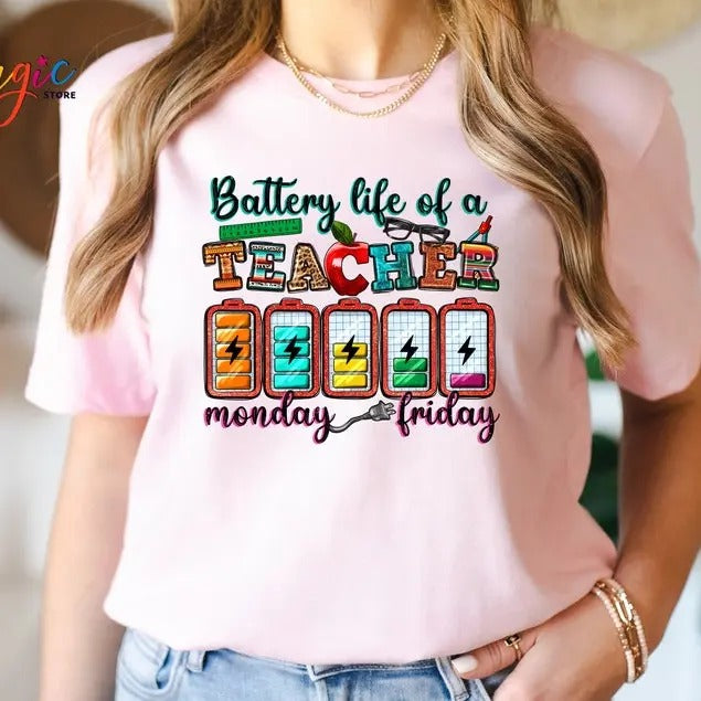 Back To School Battery Life of a Teacher Shirt, Teacher Life Shirt, Back to School T-shirt,Funny Teacher Gift, Teacher Battery T-shirt,Monday to Friday Tee