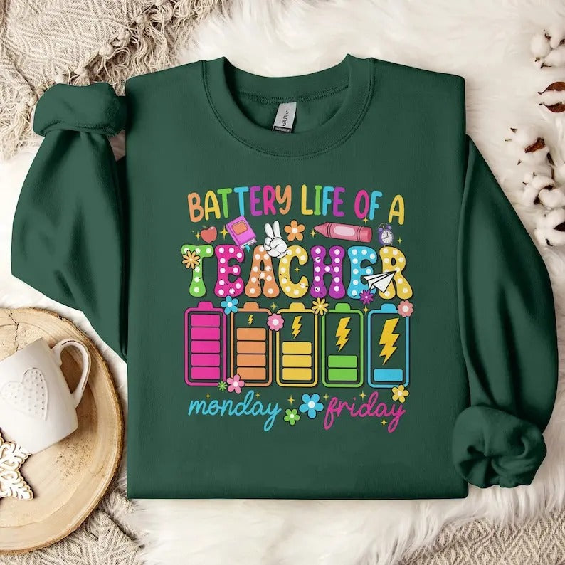 Back To School Tee Retro Back to School Tshirt, Kindergarten, First Day Of School, Battery life of a Teacher Shirt,Funny Teacher Life T-Shirt,Gift For Teacher