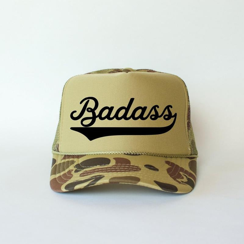 Badass Camo Snapback Trucker Hat, Funny Country Girl Hat, Camo Cap for Women, Sassy Graphic Hats, Outdoorsy Gift, Southern Style Cap