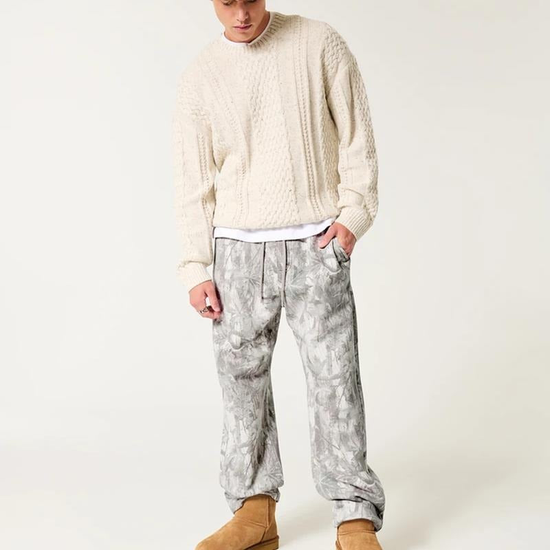 Baggy Sweatpants Cream Camo Pants Drawstring Waist Loose Casual Streetwear