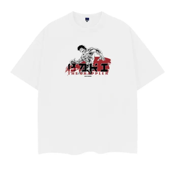 Baki the Grappler "Hanma Baki" Heavyweight Vintage Tee 100% Cotton OVERSIZED Anime T-shirt Menswear Top Casual Streetwear White Crewneck Tshirt Tropical
