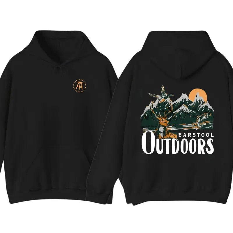 Barstool Outdoors Hoodie Sweatshirt T shirt, Featuring Mountain and Wildlife Design, Perfect for Outdoor Adventures and Nature Enthusiasts, Casual and Comfortable Unisex Tee