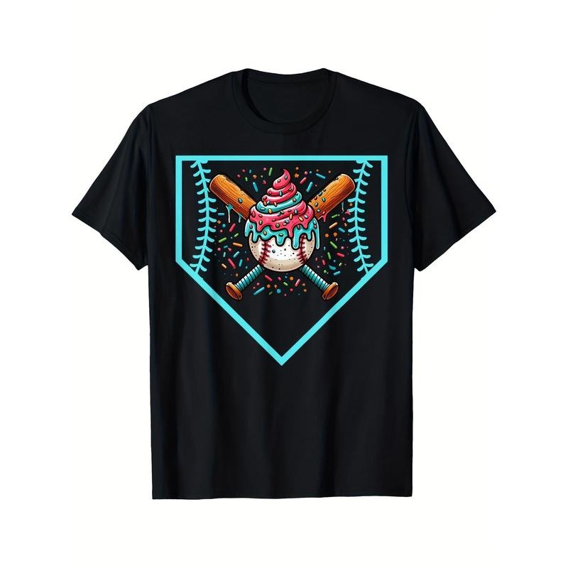 Baseball Home Plate Drip Ice Cream Softball & Baseball Print T-Shirt for Men And Boys-Premium Quality, Casual, Short Sleeve, Crew Neck, Comfortable, Classic Fit, Gifts-Summer Casual Street Wear Essential-220G made in usa