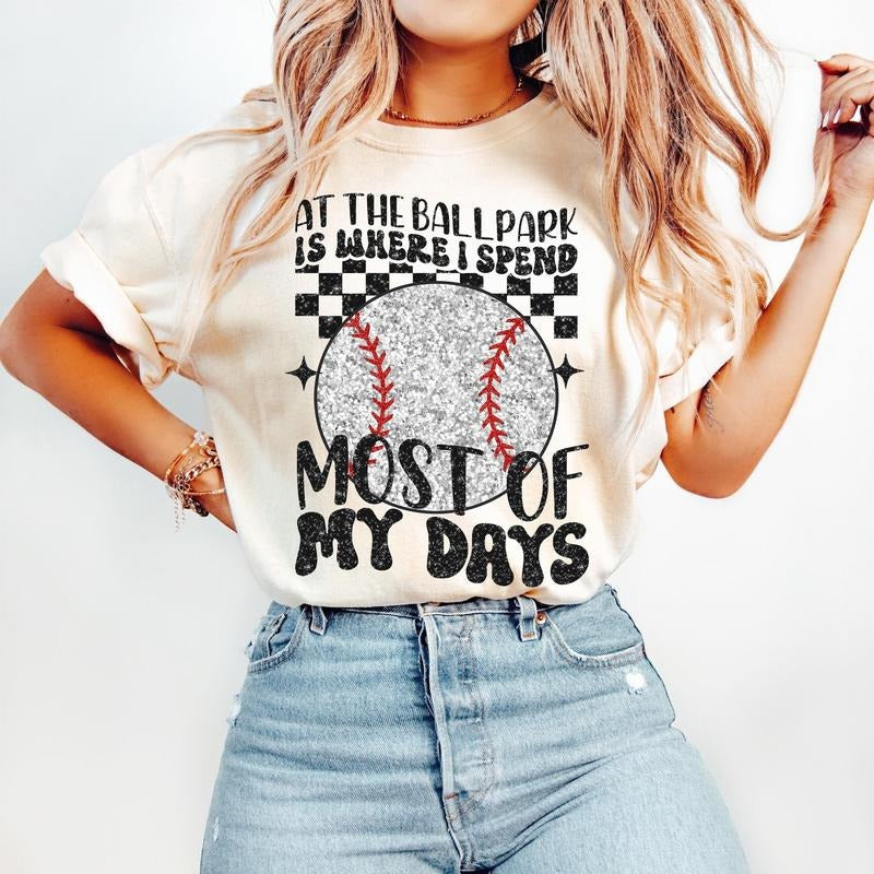 Baseball T-Shirt - At The Ballpark Game Day T-Shirt, Checkered Baseball T-Shirt, Short Sleeve, Casual Wear