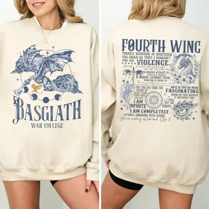 Basgiath War College 2 Sided Shirt, Fourth Wing Sweatshirt, Dragon Rider Tshirt, Violet Sorrengail, Xaden Riorson, Bookworm Bookish Pullover Tee