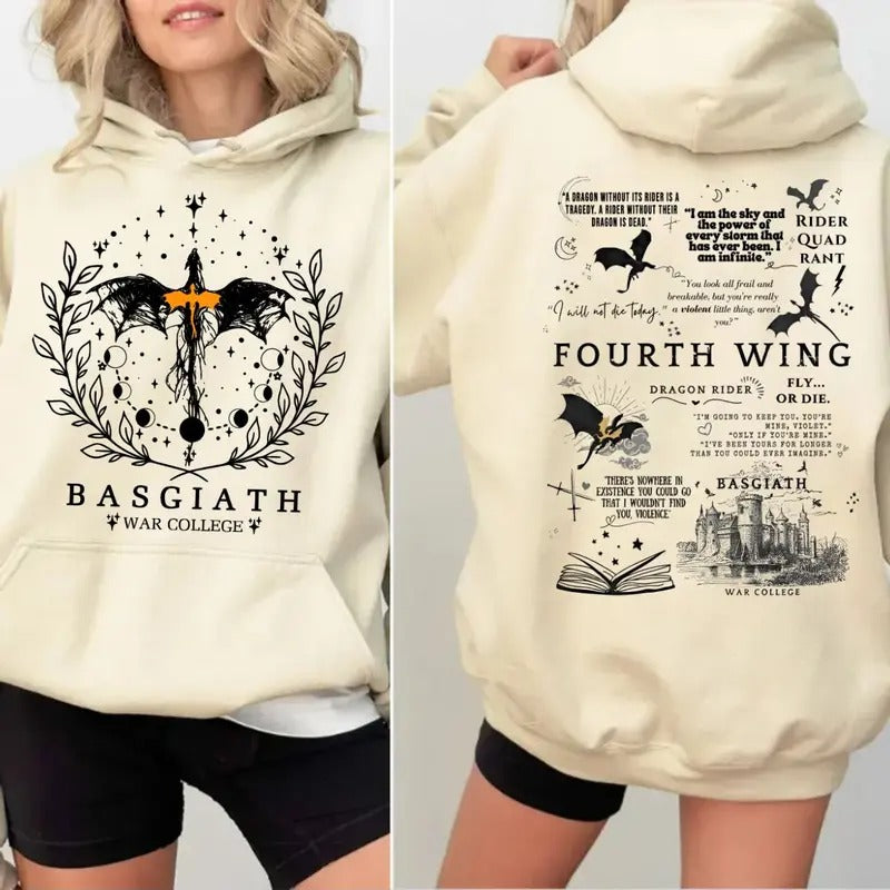 Basgiath War College 2 Sided Sweatshirt, Fourth Wing Shirt, The Empyrean Series, Violet Sorrengail Fantasy Book Hoodie, Fourth Wing Pullover Tee