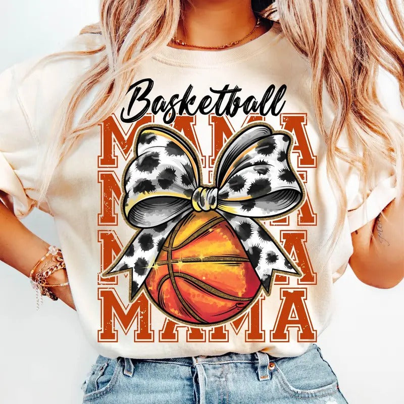 Basketball Mama T-Shirt, Retro Basketball Distressed Mom Shirt, Basketball Game Day, Sports Mom Coquette Basketball T-Shirt