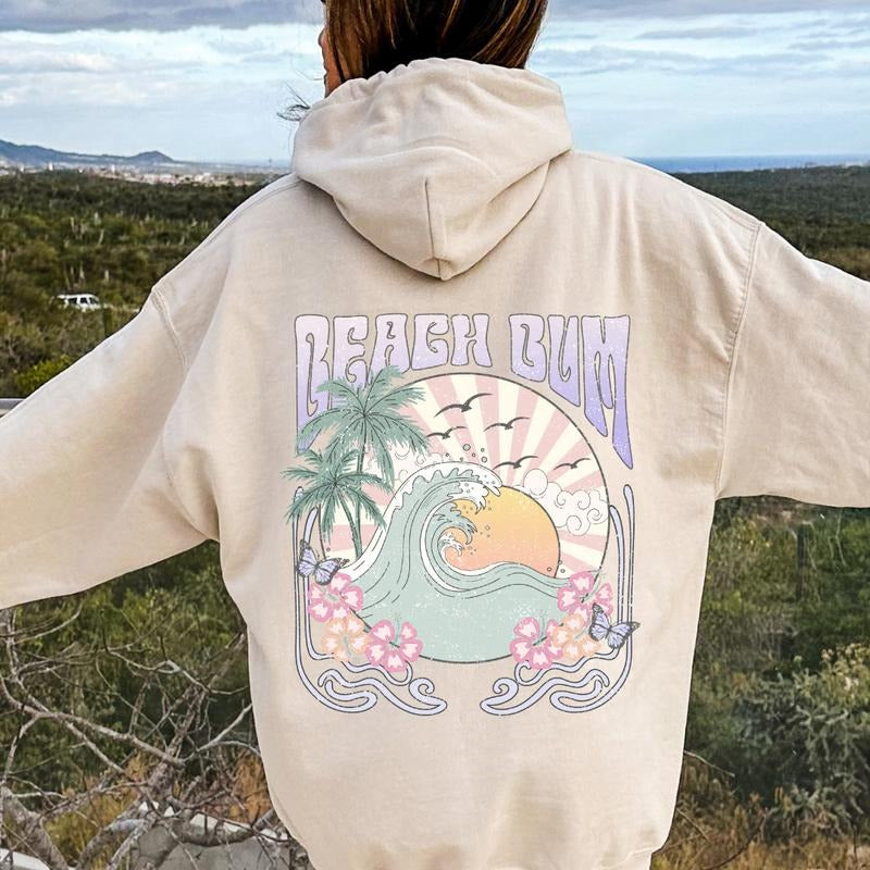 Beach Bum Graphic Hoodie, Cotton Casual Oversized Hoodie, Sunset Hoodie, Beach Hoodie, Womens Sweatshirt Womenswear Polyester Sweaters Tops