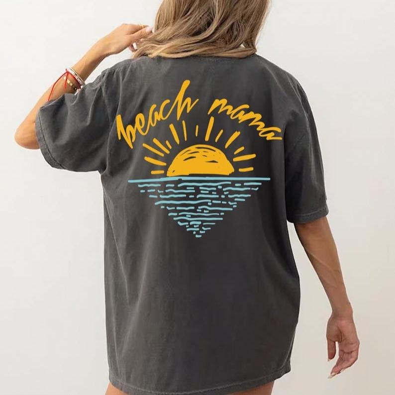 Beach Mama Sunset T-shirt, Oversized Vacation T-Shirt for Mom, Aesthetic Summer Vacation TShirt, Swimsuit Coverup, Beachy Tee