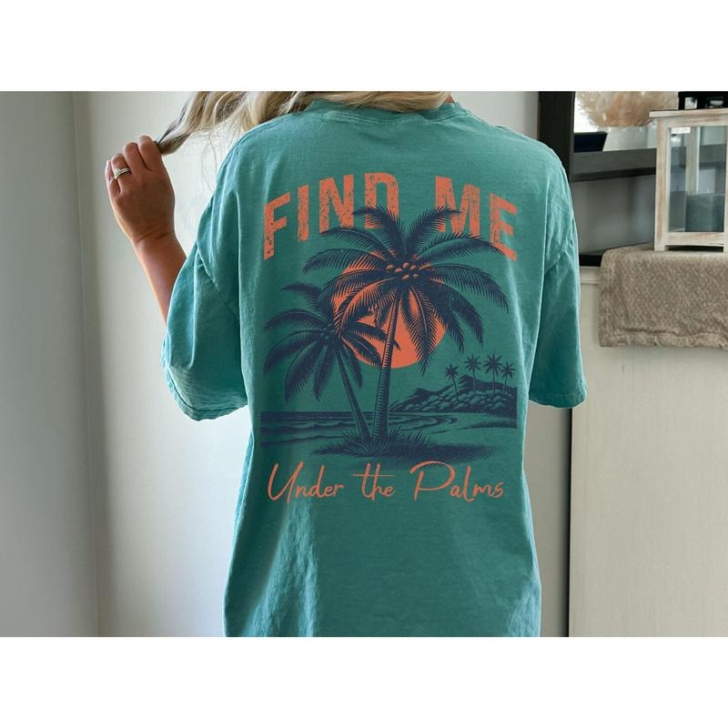 Beach Summer Tropical T-shirt Back Design Beachwear Island Distressed Vintage Style Graphic Top Travel Vacation Sunset Shirt