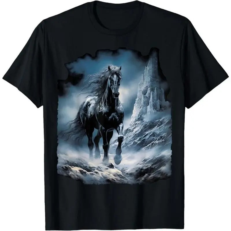 Beautiful black Horse running through the snow T-Shirt Made in USA