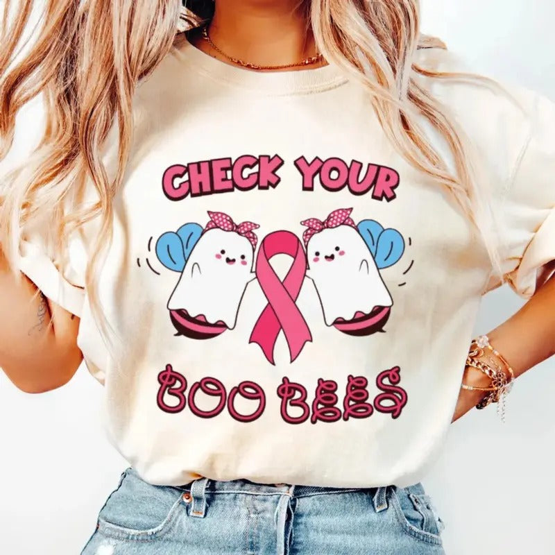 Bee Ghosts Breast Cancer Shirt, Pink Ribbon, Breast Cancer, Breast Cancer Awareness T Shirt, In October We Wear Pink Bunndle, Ghost Halloween, Unisex Short Sleeve Tee Cotton Womenswear Tshirt