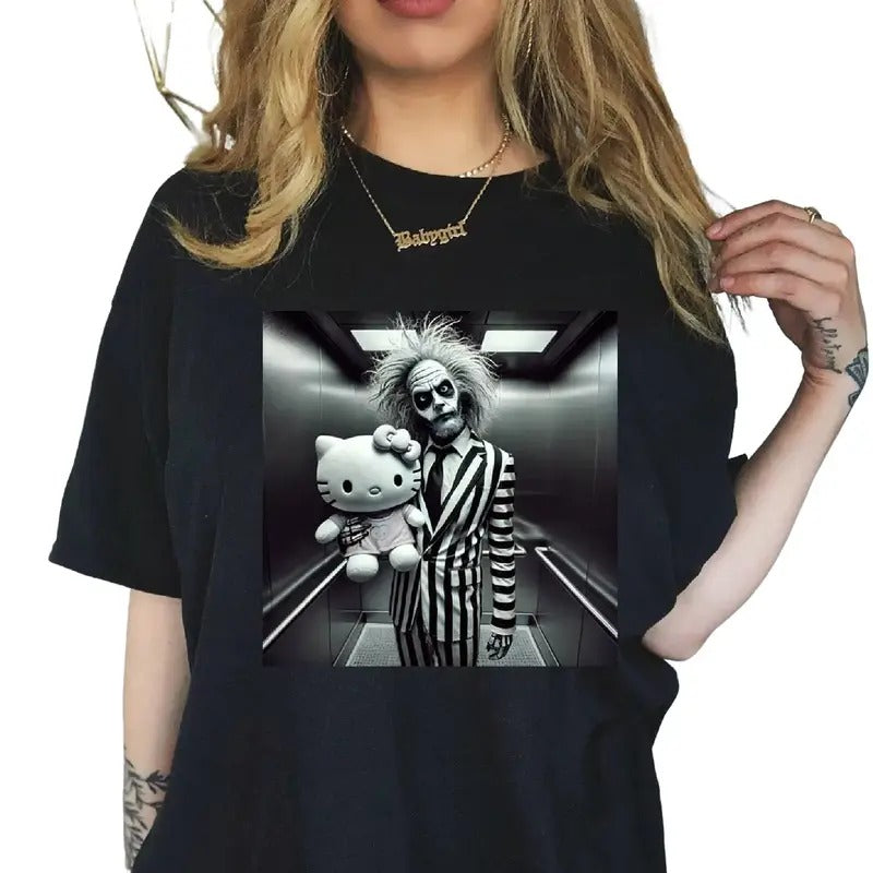 Beetlejuice Kitty Shirt, Movie Beetlejuice Tshirt, Hello Cat Funny Halloween Cute Funny Spooky Scary Vibes Shirt Top Womenswear
