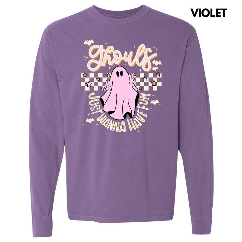 Beige Checker Ghouls Fun Long Sleeve Comfort Colors T-Shirt 'NLB'