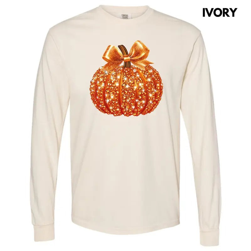 Bejeweled Orange Pumpkin Long Sleeve Comfort Colors T-Shirt 'NLB'