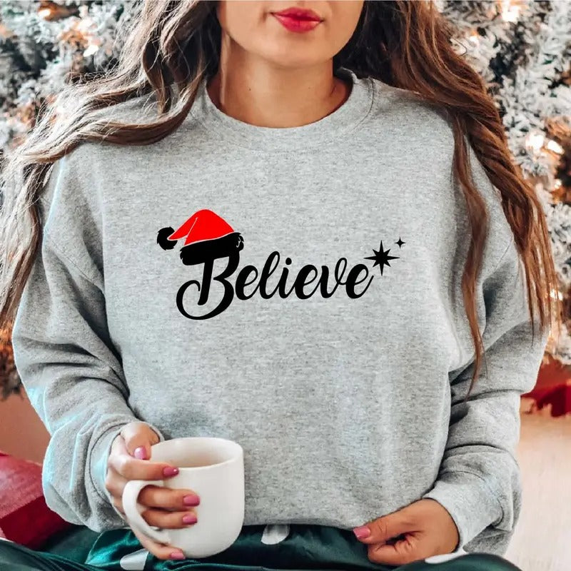 Believe Sweatshirt, Believe Christmas Hoodie, Christian Gift Sweater, Unisex Christmas Party Sweatshirt, Family Believe Santa Long Sleeve.