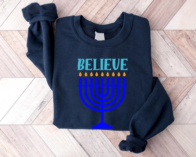 Believe Sweatshirt, Hanukkah Sweater, Religious Hoodie, Jewish Friend Gift Sweater, Candle Lights Long Sleeve, Jewish Festival Hoodie.