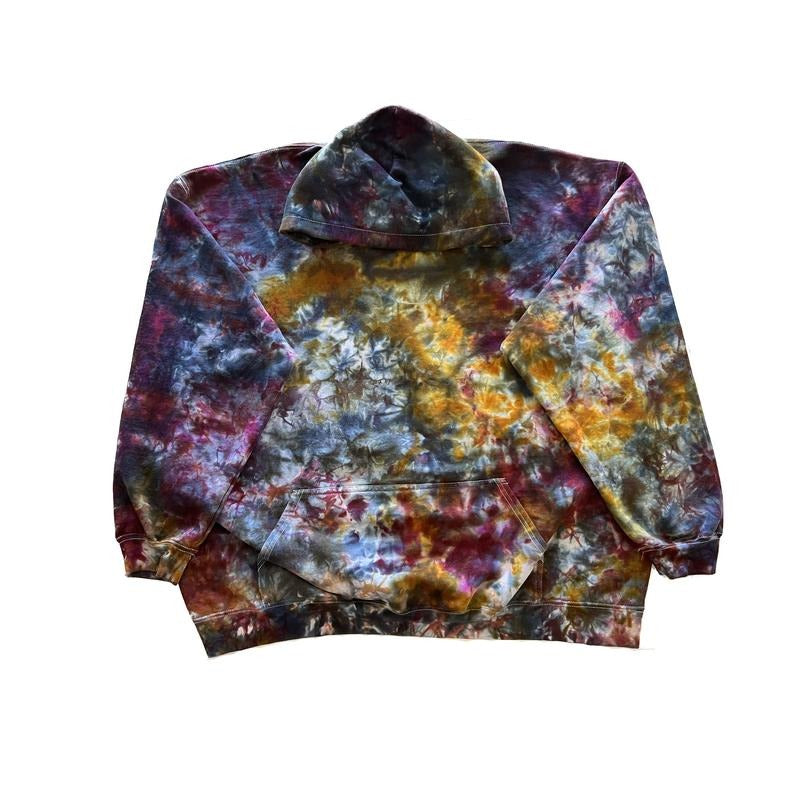Berry Bonfire Core Hoodie -Maroon Marigold And Dark Gray Black Multicolored Hand Dyed Ice Dyed Tie Dye Design Hooded Product As Shown 80% Cotton