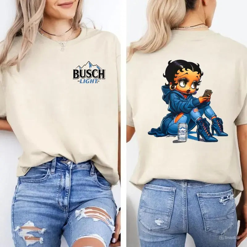 Betty Booop Shirt, Bussch Light Shirts, Girl Power Shirt, Cute Sweatshirt, Unisex Classic Cotton Tee with 2 Sided Graphic Print in All Sizes, For Women, For Men