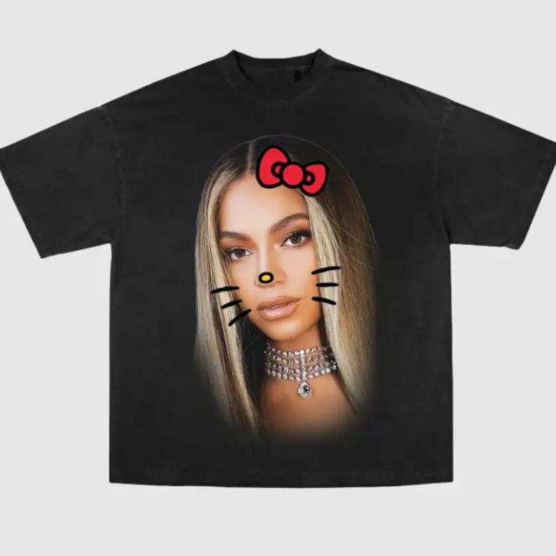 Beyonce Kitty Vintage Vibes Big Face Graphic Tee For Streetwear Fashion Cotton Fabric Unisex