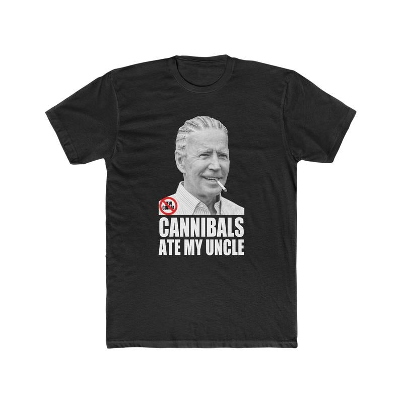 Biden's Tall Tale Tee: Cannibal Claim Comedic Parody Premium Cotton Crew Tee