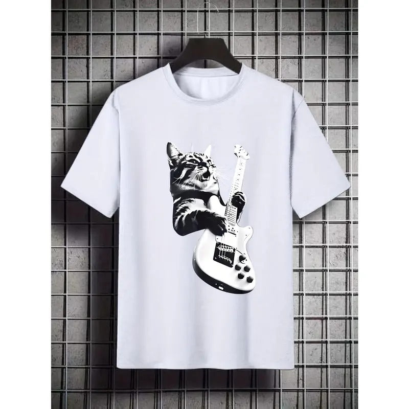 Big & Tall Plus Size Graphic T-Shirts - Short Sleeve Tees for Outdoor Sports Enthusiasts with Cat & Guitar Print - Comfortable Casual Wear for Men Made in USA