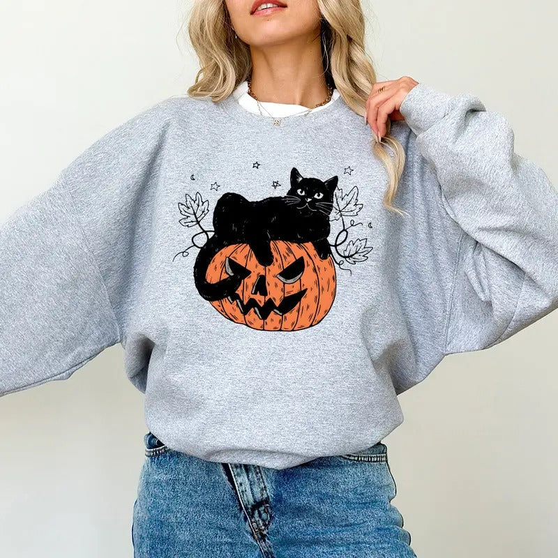 Black Cat Halloween Sweatshirt, Black Cat Pumpkin Sweater, Halloween Black Cat Tee Shirt, Halloween Shirt, Pumpkin Cat T-Shirt, Gift For Halloween