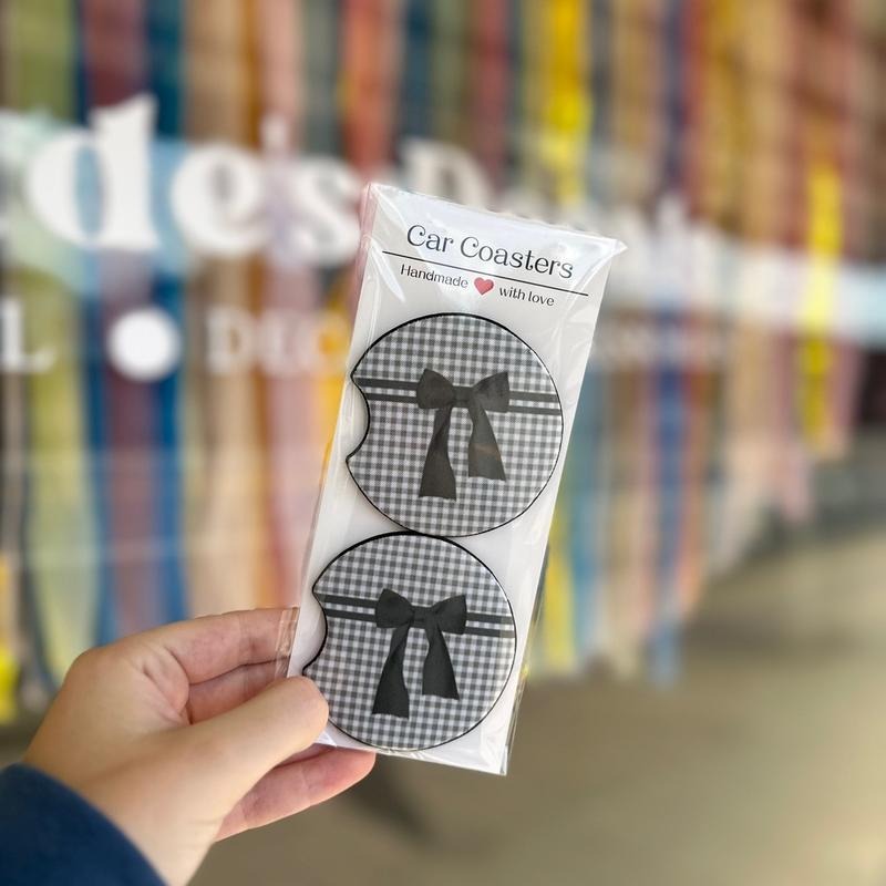 Black Checkered Bow Coquette Car Coaters, Machine Washable Coasters