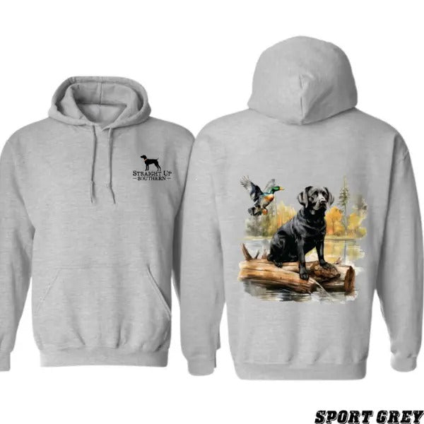 Black Lab Duck Hunting T-shirt Sweatshirt Hoodie - Autumn Nature Scene with Labrador and Mallard, Ideal for Outdoor Lovers, Cozy Unisex Crewneck for Casual Wear