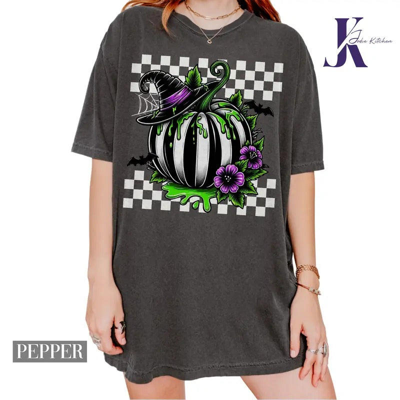 Black and White Pumpkin Sweatshirt, Halloween Black and White Pumpkin Comfort Colors Shirt, Halloween WIzard Shirt, Retro Checkerboard Halloween T-Shirt, Halloween Pumpkin Shirt