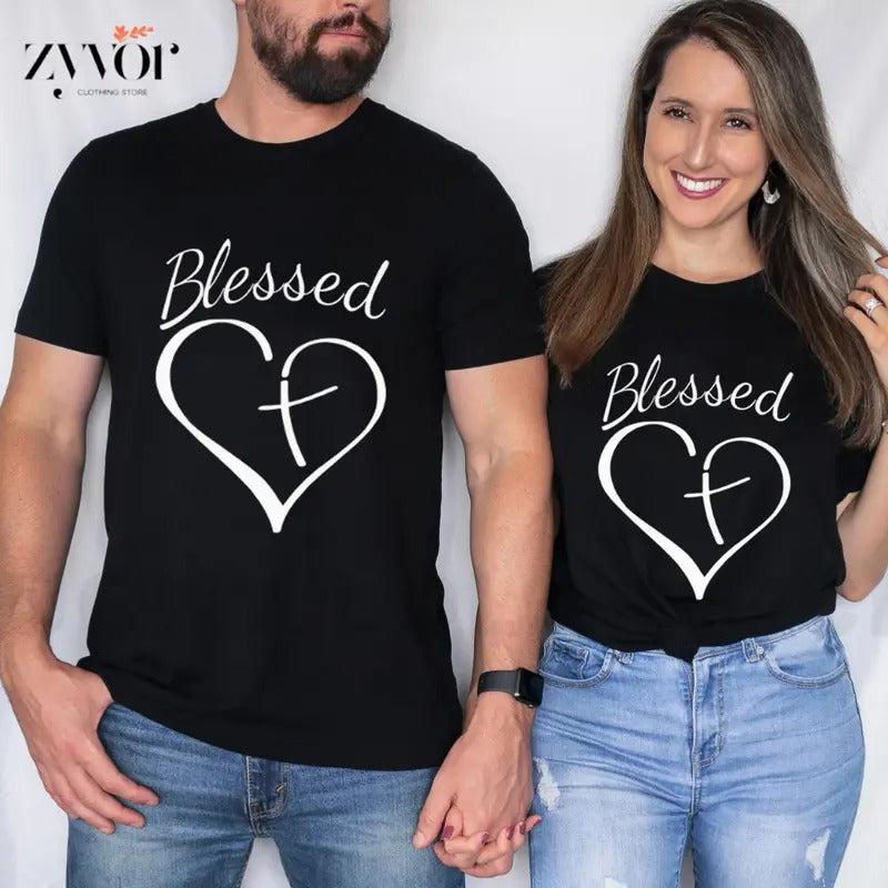Blessed Heart and Cross Valentine Day Tee Pure Cotton Casual Style Crew Neck Short Sleeve T-Shirt Tops Trendy for Women for Men