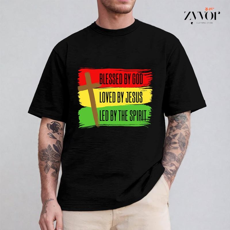 Blessed by God Loved by Jesus Black History Month Christian T-Shirt Casual Style Crew Neck Short Sleeve T-Shirt Tops Trendy for Unisex, Perfect Gift