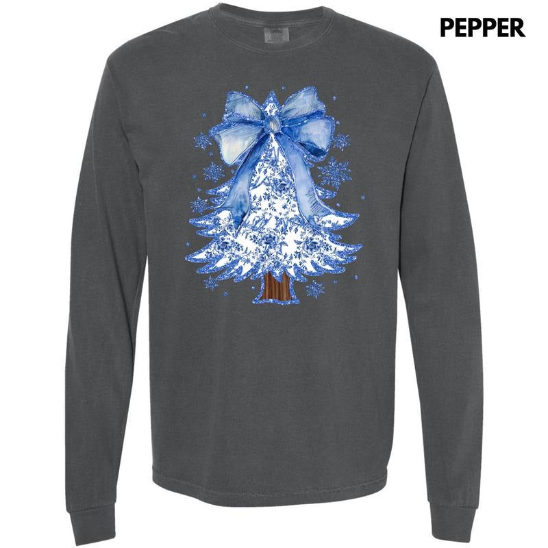 Blue Chinoiserie Christmas Tree Long Sleeve Comfort Colors T-Shirt 'NLB'