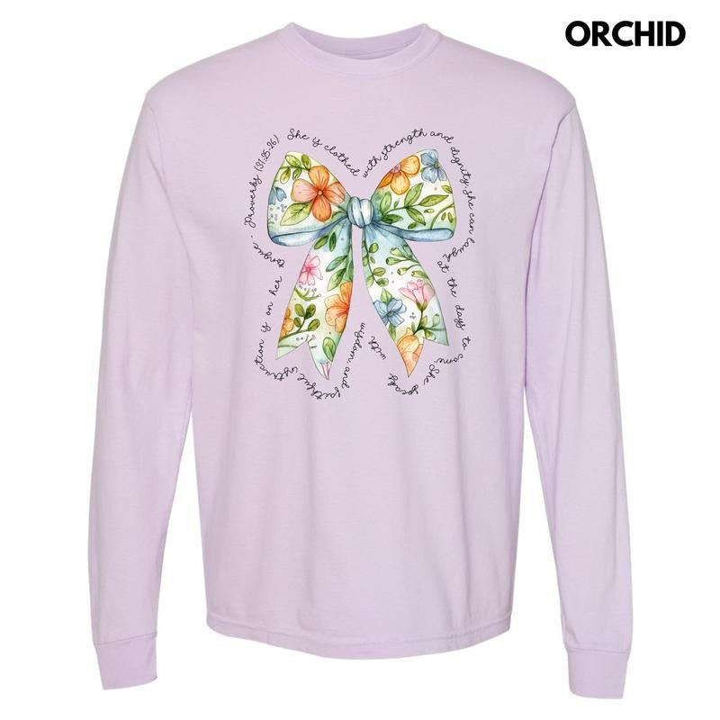 Blue Floral Proverbs Bow Long Sleeve Comfort Colors T-Shirt 'NLB'