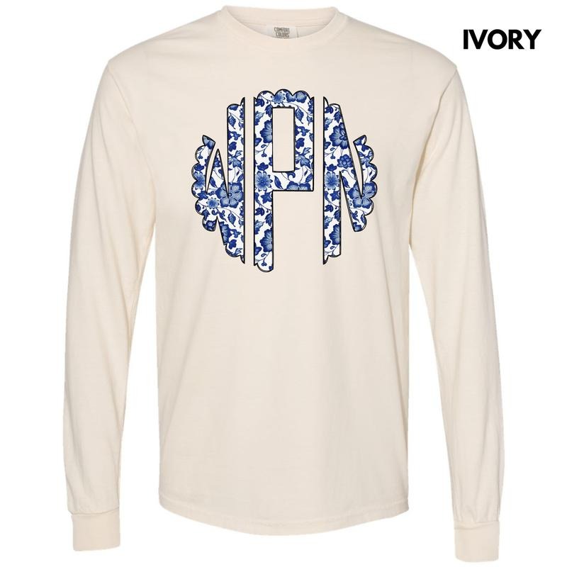 Blue Florals Monogram Long Sleeve Comfort Colors T-Shirt 'NLB'