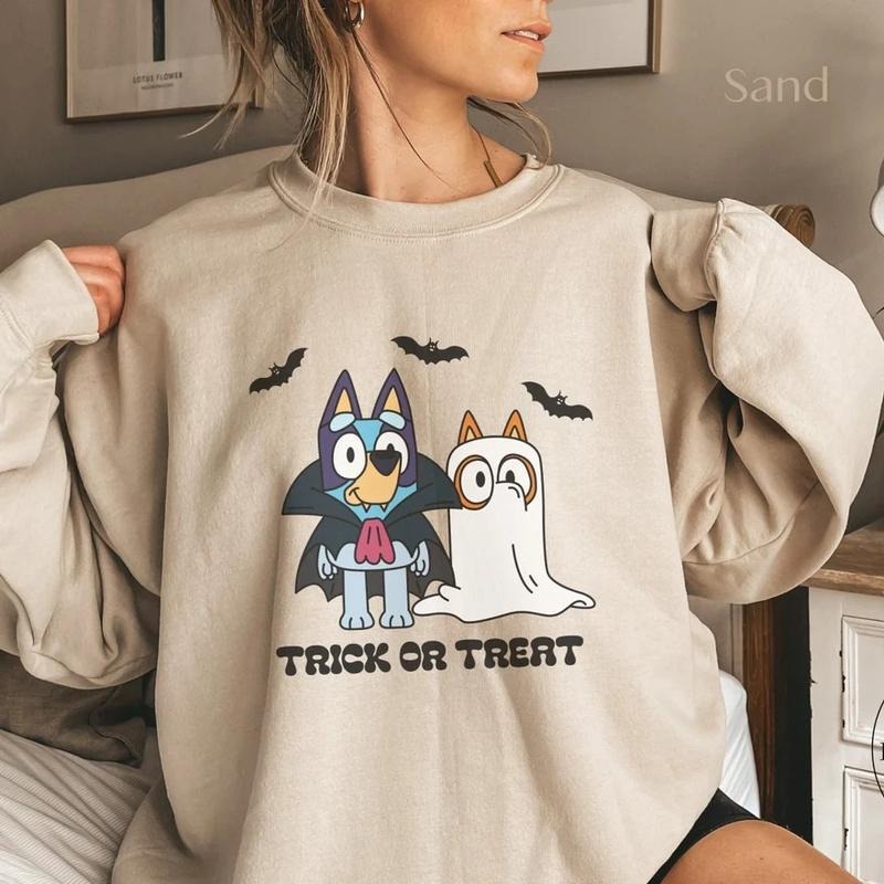 Bluey And Bingo, Halloween Shirt, Spooky Season Sweatshirt, Bluey Shirt, Halloween Sweatshirt, Trick or Treat, Halloween Gift For Her! Womenswear Hoodie