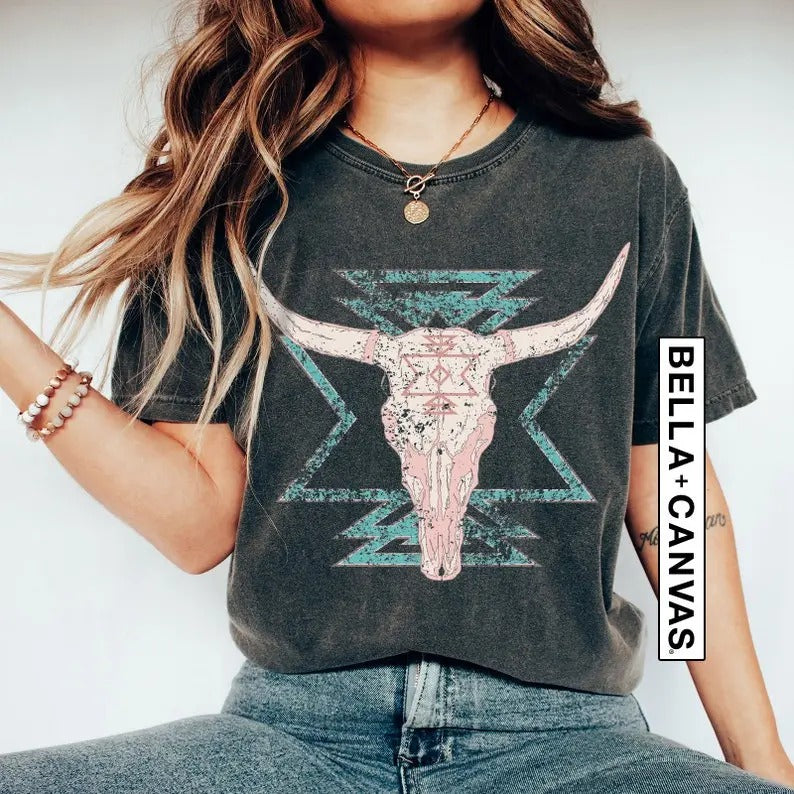 Boho Cow Skull Shirt, Western Graphic Tee, Bull Skull Shirt, Cowgirl Tshirt, Country Shirt, Cowboy Shirt,Country Girl Shirt,Western Clothing