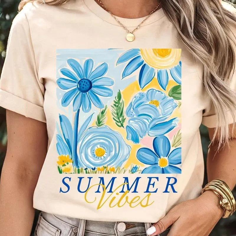 Boho Summer Vibes Floral Shirt, Watercolor Summer Vibes Girly Tee, Trendy Summer Shirt, Gift for Her, Hello Summer Gift