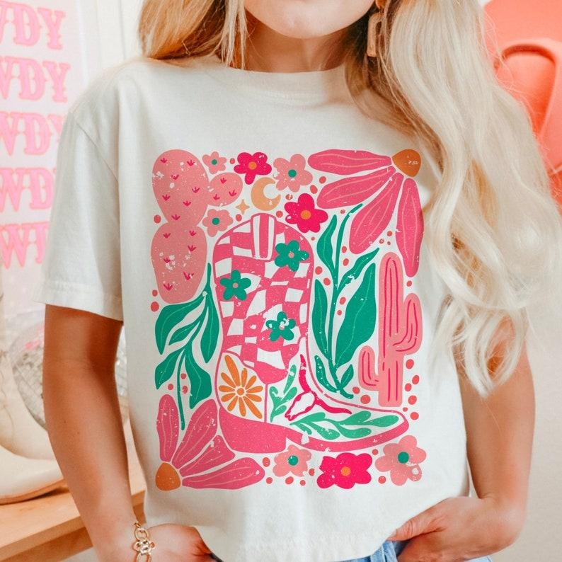 Boho cowgirl boot and flowers T Shirt Hoodie Sweater and Shirt bundle, retro flower Shirt, retro western Shirt, boho western Shirt, floral Shirt, boho floral Shirt Shirt style 02