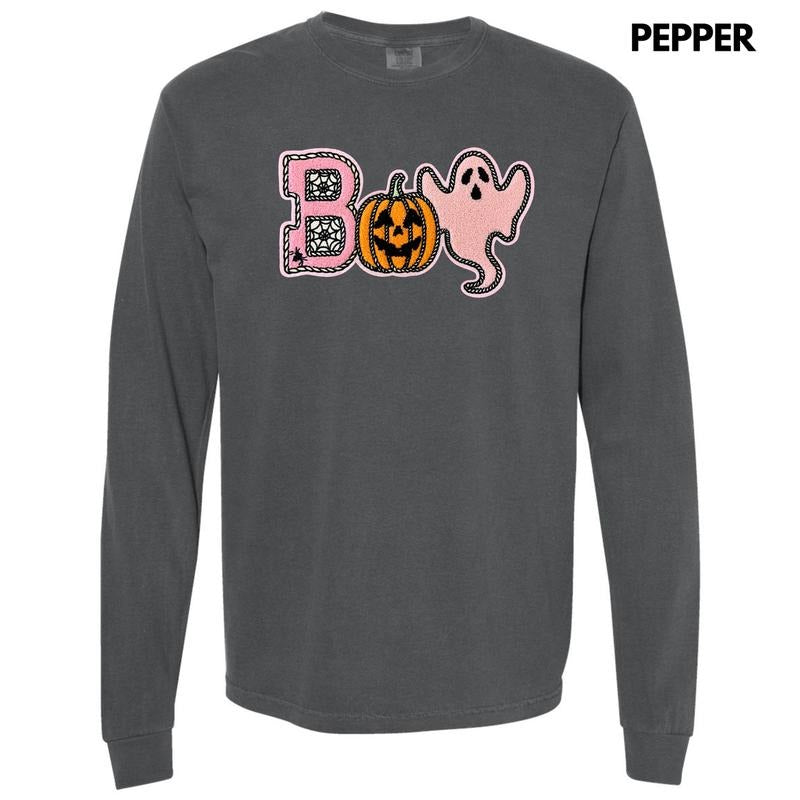Boo Spider Pumpkin Ghost Chenille Patch Long Sleeve Comfort Colors T-Shirt
