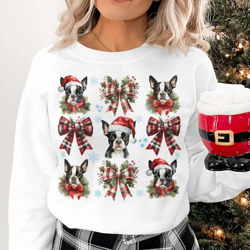 Boston Terrier Christmas Sweatshirt, Boston Terrier Dog Mom Shirt, Boston Terrier Coquette XMas Sweater Gift for Her