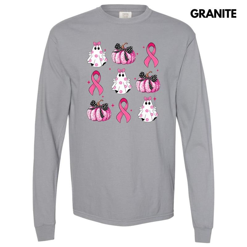 Breast Cancer Ribbon Ghost Collage Long Sleeve Comfort Colors T-Shirt 'NLB'