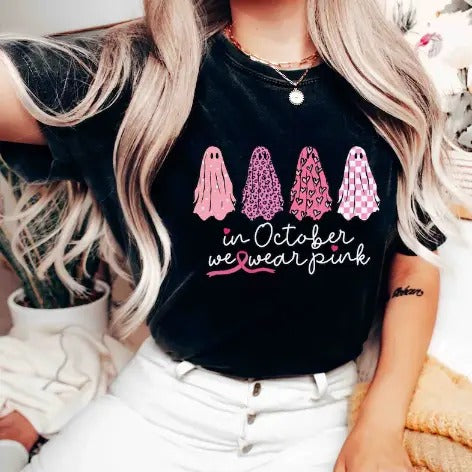 Breast Cancer Support Squad Shirt, In October We Wear Pink Ghosts, Breast Cancer Awareness Gift For Survivor Friends & Family