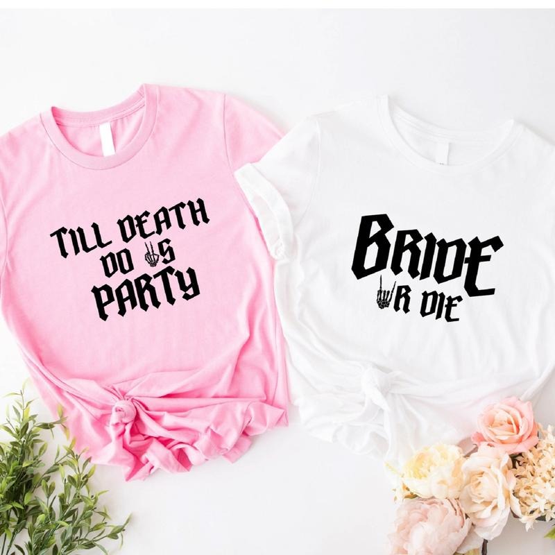 Bride Or Die Shirt, Till Death Do Us Party T-Shirt, Matching Halloween Bachelorette Party Tee, Bridal Shower Tee, Rock Hand Bridesmaid Gift Tee.
