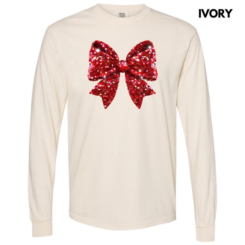 Bright Red Faux Sequin Bow Long Sleeve Comfort Colors T-Shirt 'NLB'