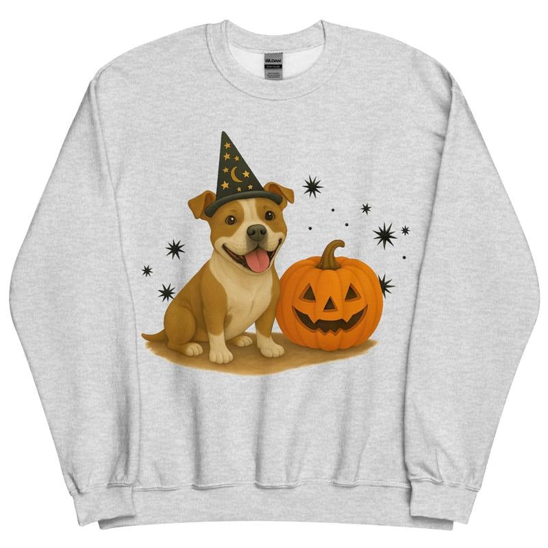 Brown and White Pitbull Halloween Witchy Dogs Sweatshirt ~ Unisex Apparel Relaxed Fit Printed In The USA Clothing Womenswear Casual Comfort Cotton Top Athletic Boho Chic