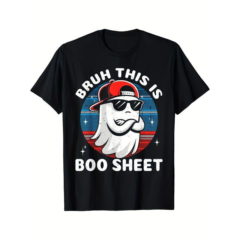 Bruh This Is Boo Sheet Graphic Ghost Retro Halloween Funny Printed T-shirt Comfortable Breathable, Soft, Casual Short Sleeve, Daily Wear, All Season, Black Men 220g made in usa