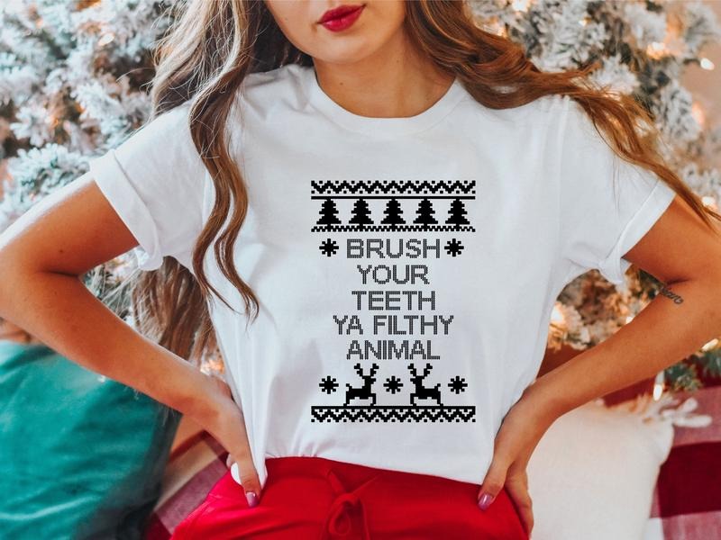 Brush Your Teeth Ya Filthy Animal Shirt, Ugly Christmas, Christmas Dentist Gift T-Shirt, Matching Dental Squad X-mas Party, Tooth X-mas Tee.