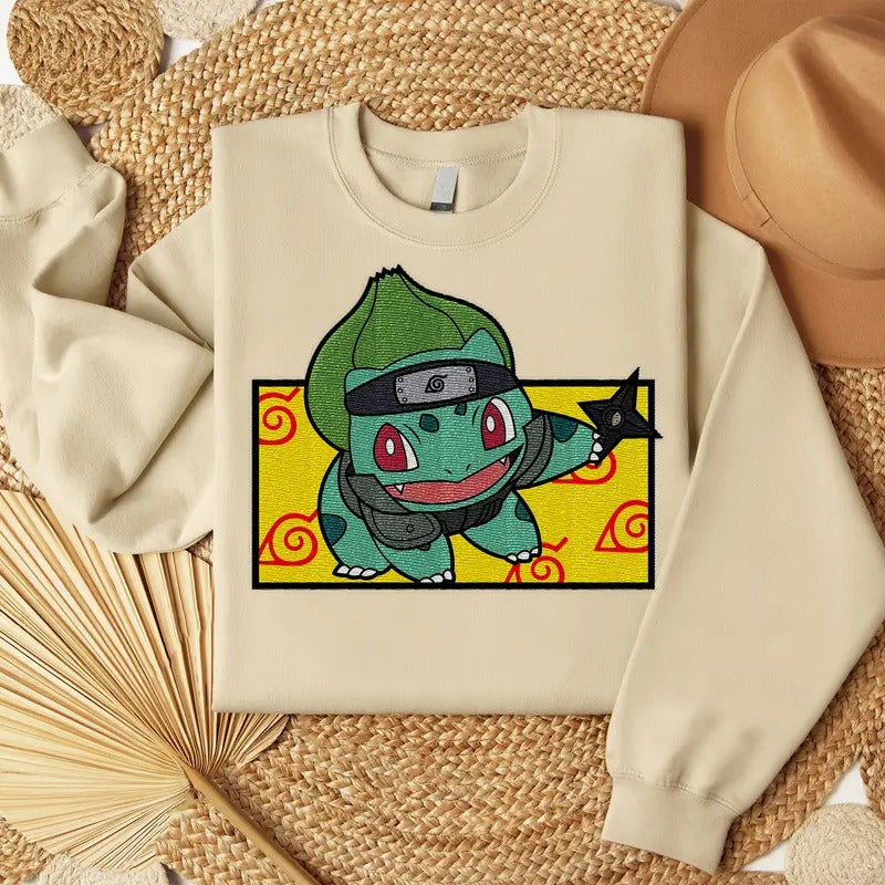 Bulbasaur Shinobi Embroidered Sweatshirt, Konoha Embroidered Shirt, Anime Embroidered Shirt